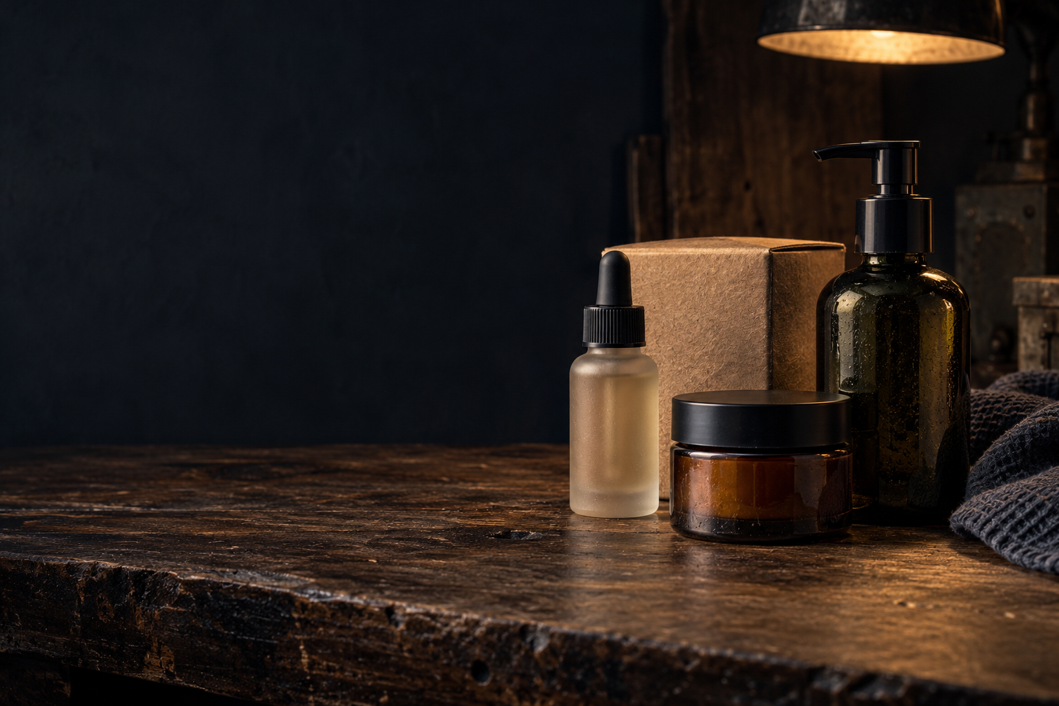 Frosted and recycled-glass grooming bottles on a worn wood counter