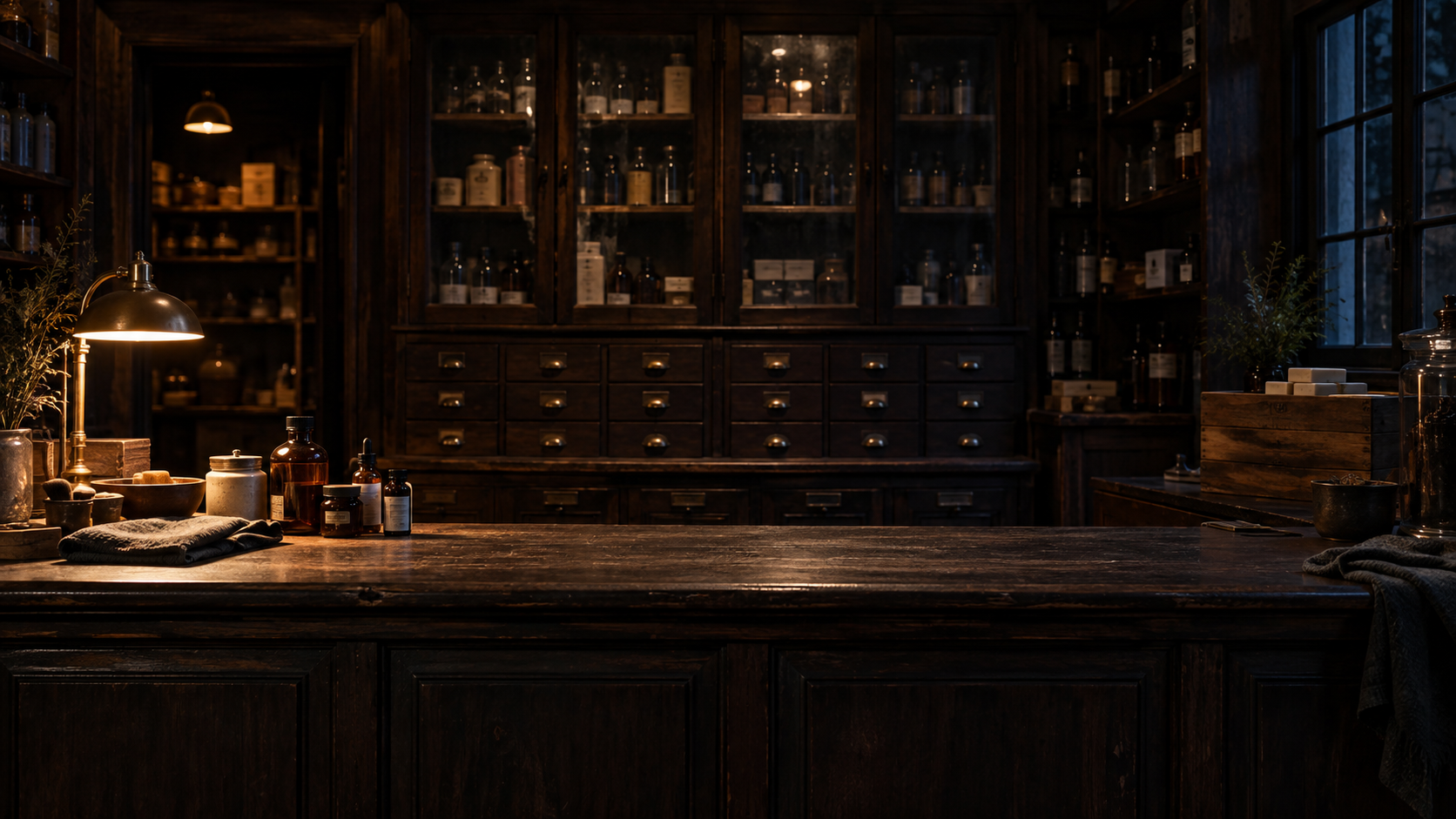 An old general store counter lined with apothecary cabinets